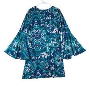 Prelude Long Bell Sleeve Dress Womens XL Aqua Blue Mirrored Geometric Motif Boho